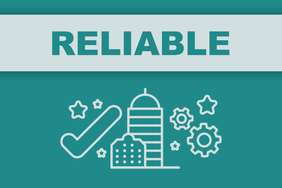 Tile, reading "Reliable" with two steel buildings, gears, a check mark, and stars, representing structural reliability