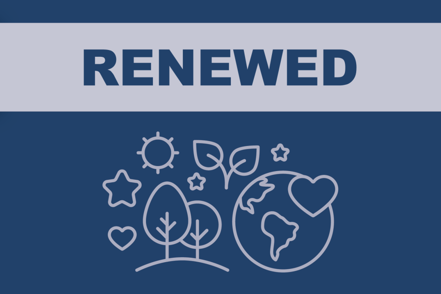 Tile, reading "Renewed" with an icon of the earth, two trees, a sprout, stars, a sun, and hearts. This is to represent environmental renewability.