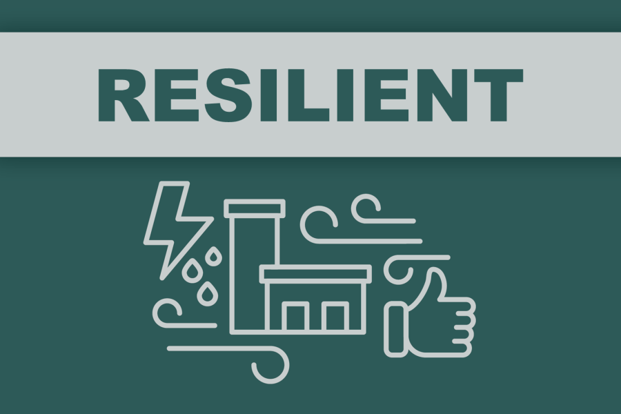Tile, reading "Resilient" with icons including wind, rain, lightning surrounding a building, and a thumbs up, representing structural soundness in adverse conditions.